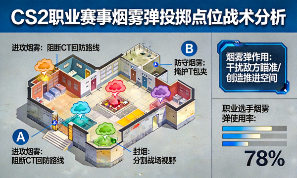 CS2职业赛事烟雾弹投掷点位战术分析示意图